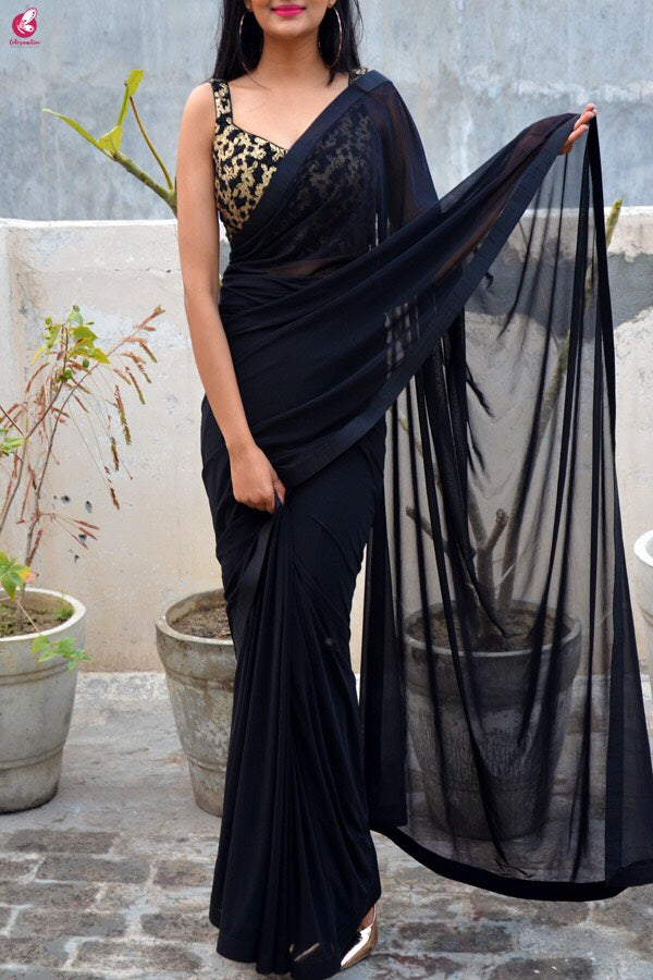 Black Lycra Net Dupion Silk Taping Saree