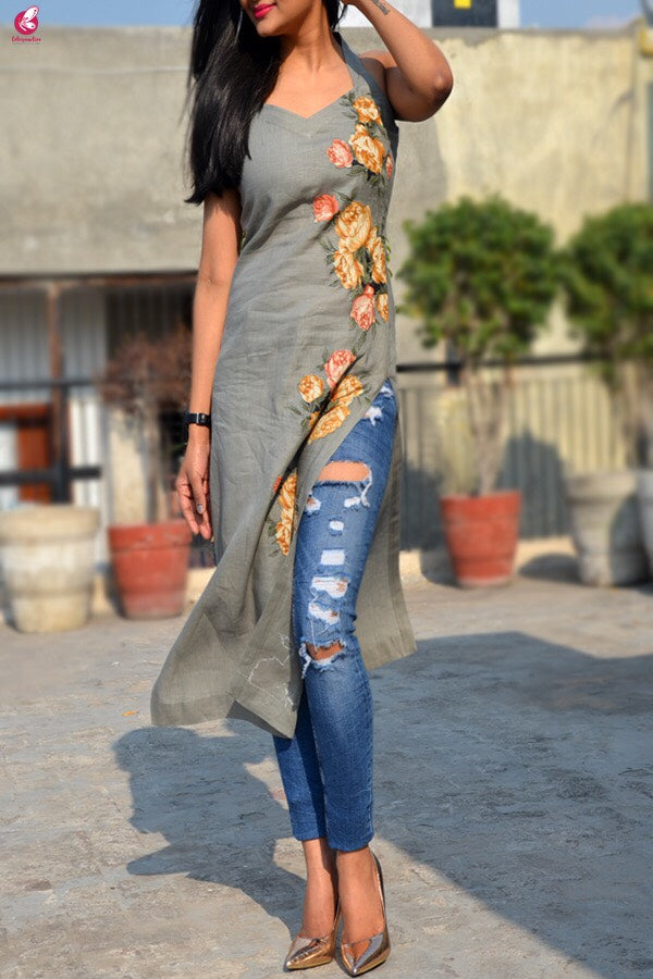 Sage Green Pure Linen Patch Work Kurti