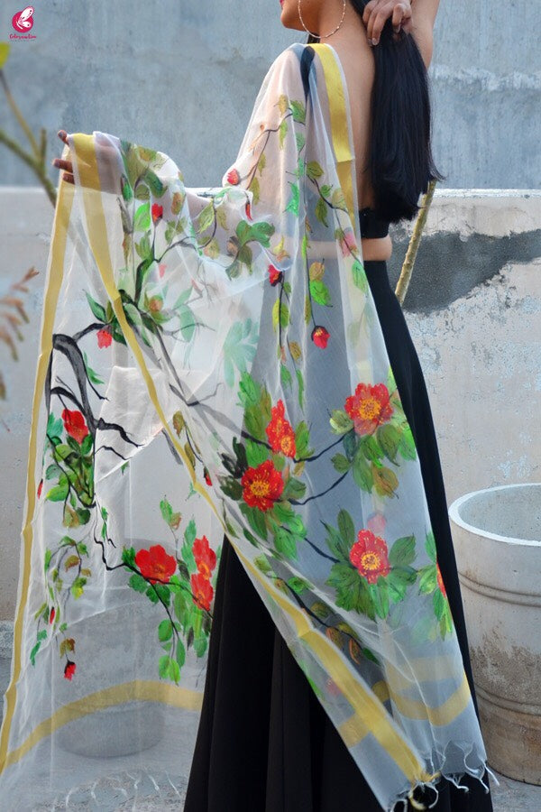 Off White Hand Painted Birds Floral Stole