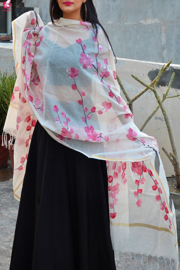 Off White Chanderi Hand Painted Floral Stole