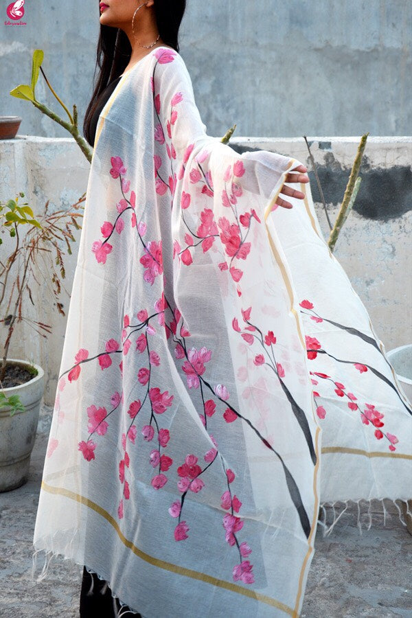 Off White Chanderi Hand Painted Floral Stole