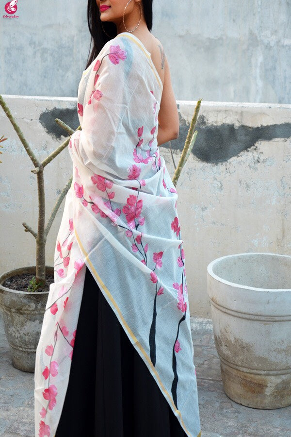 Off White Chanderi Hand Painted Floral Stole