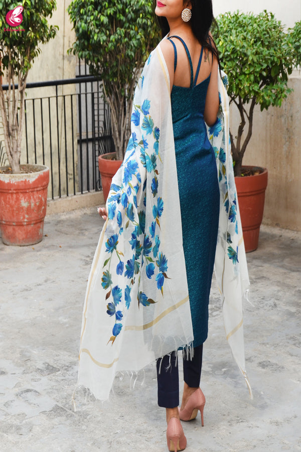 Off White Chanderi Teal Green Floral Handpainted Stole
