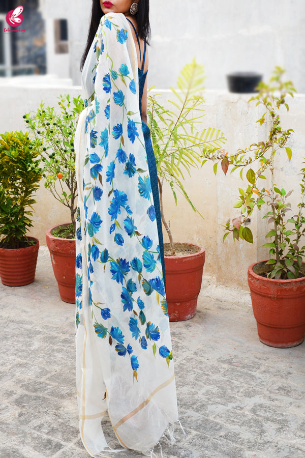 Off White Chanderi Teal Green Floral Handpainted Stole