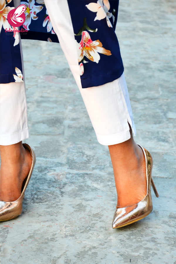 Navy Blue Printed Floral Front Slit Kurti with White Cotton Silk Pants
