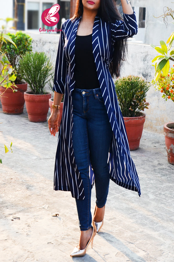 Navy Blue Stripes Crepe Quarter Sleeves Long Shrug