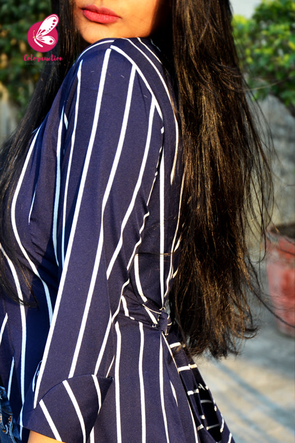 Navy Blue Stripes Crepe Quarter Sleeves Long Shrug