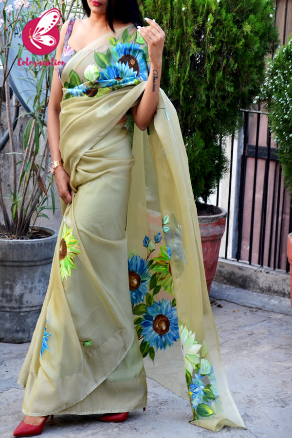 Green Crepe Chiffon Handpainted Metallic Floral Saree