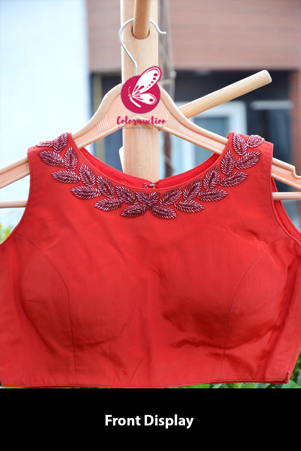 Red Crepe Beads Handwork Padded Keyhole Back Blouse