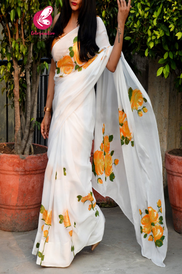 Off White Crepe Chiffon Yellow Golden Hand-painted Saree