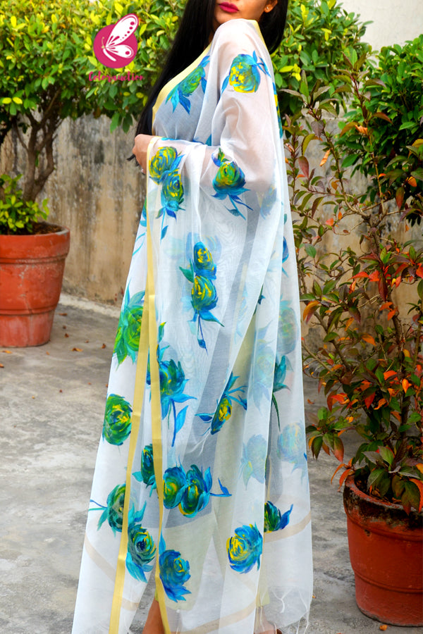 Off White Pure Organza Teal Green Roses Floral Stole