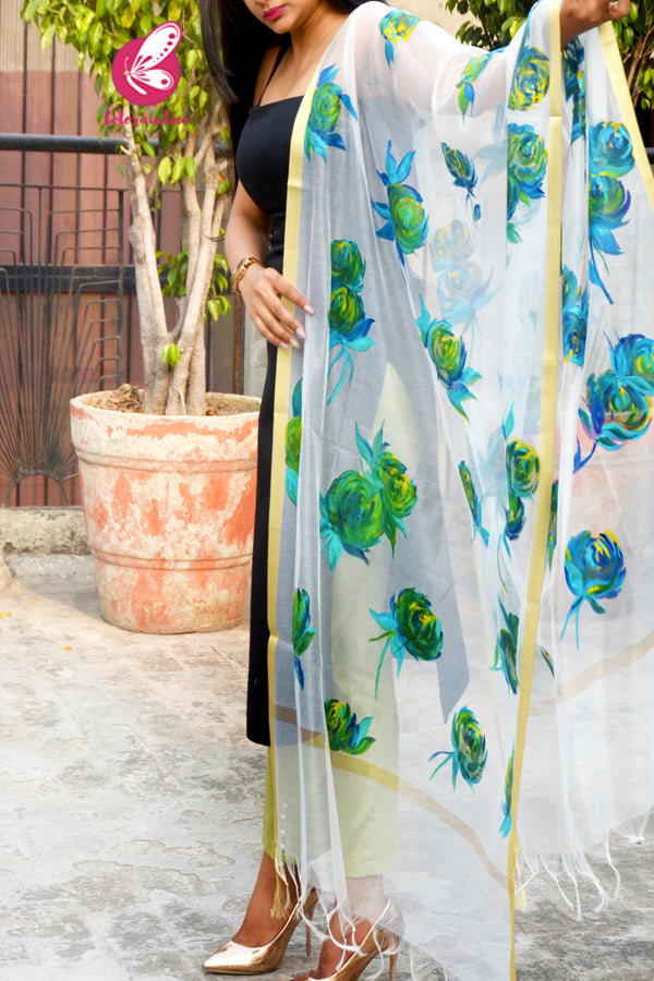Off White Pure Organza Teal Green Roses Floral Stole