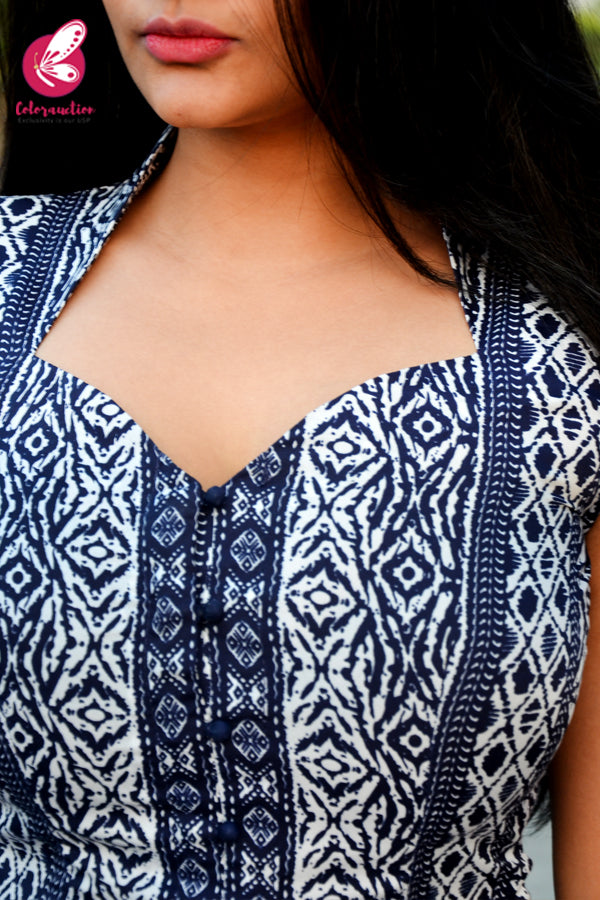 Blue &amp; White Printed Crepe Kurti with White Cotton Silk Pants