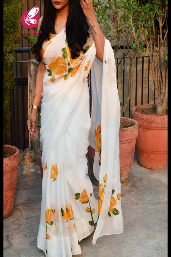 Off White Crepe Chiffon Yellow Golden Hand-painted Saree