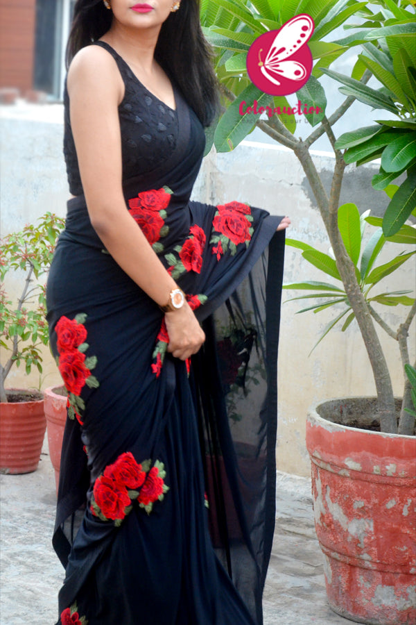 Black Net Applique Dupion Silk Taping Saree