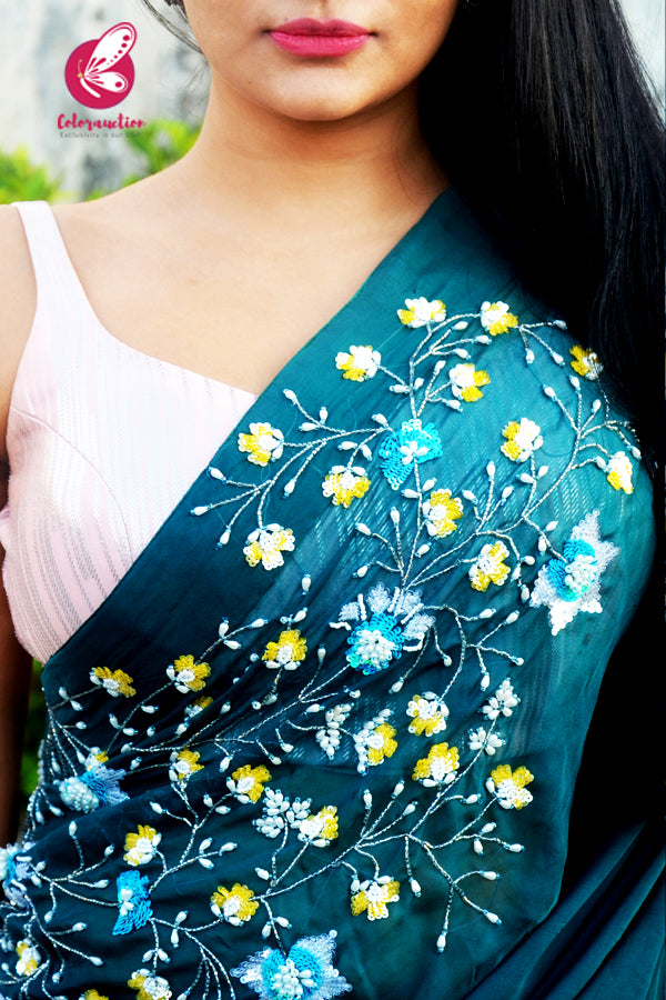 Teal Pure Silk Chiffon Sequins Pearl Handwork Saree