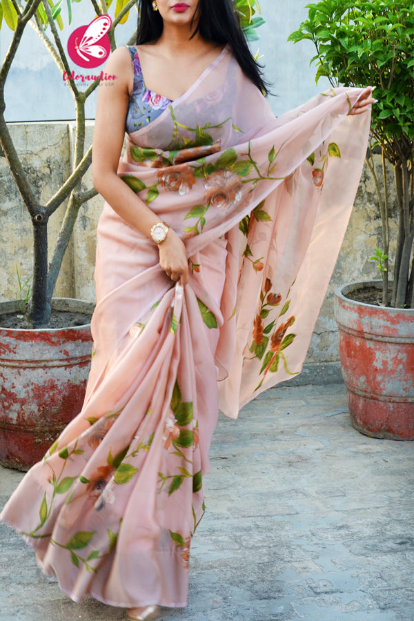 Peach Crepe Chiffon Handpainted Metallic Floral Saree