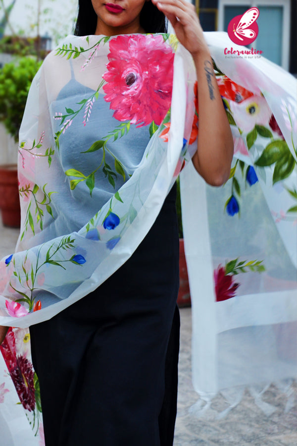 Off White Pure Organza Multicoloured Floral Stole