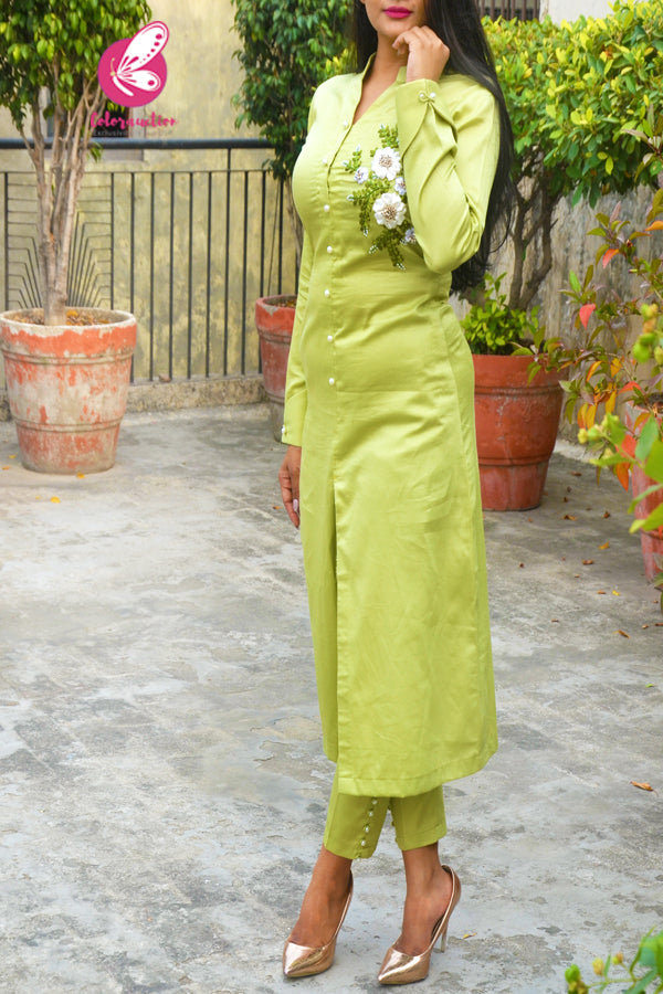 Green Cotton Silk Ribbon Work Full Sleeves Pearls Kurti with Green Pearls Cotton Silk Pants