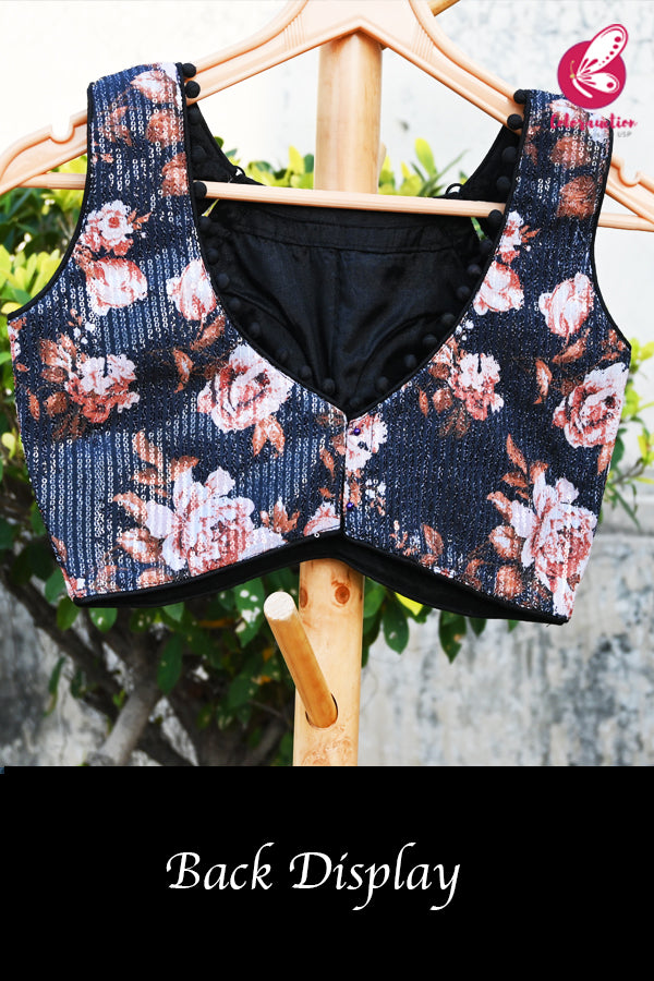 Black Sequins Floral Front Keyhole Padded Blouse