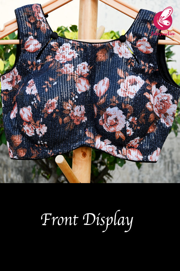 Black Sequins Floral Front Keyhole Padded Blouse