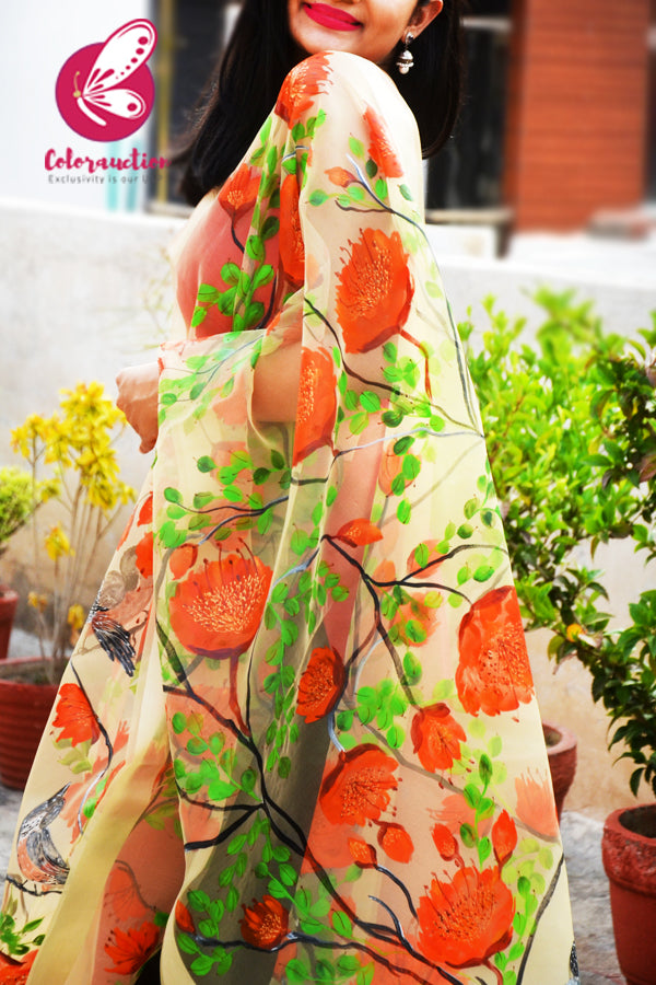 Cream Organza Vermillion Floral Hand painted Stole
