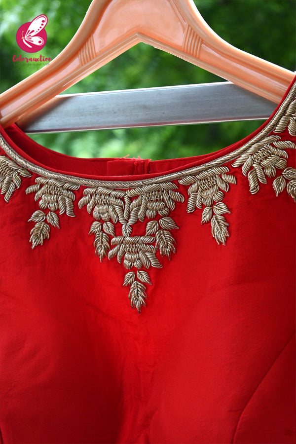 Red Pure Silk Dabka Handwork Embroidered Padded Keyhole Back Blouse