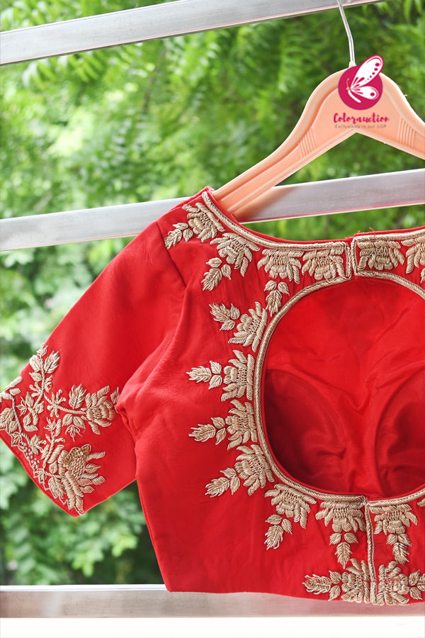 Red Pure Silk Dabka Handwork Embroidered Padded Keyhole Back Blouse
