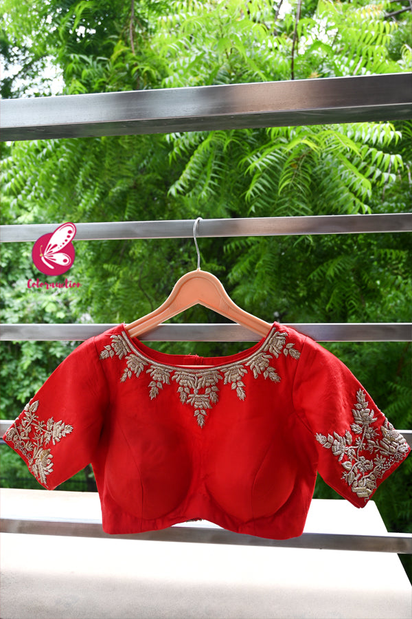 Red Pure Silk Dabka Handwork Embroidered Padded Keyhole Back Blouse