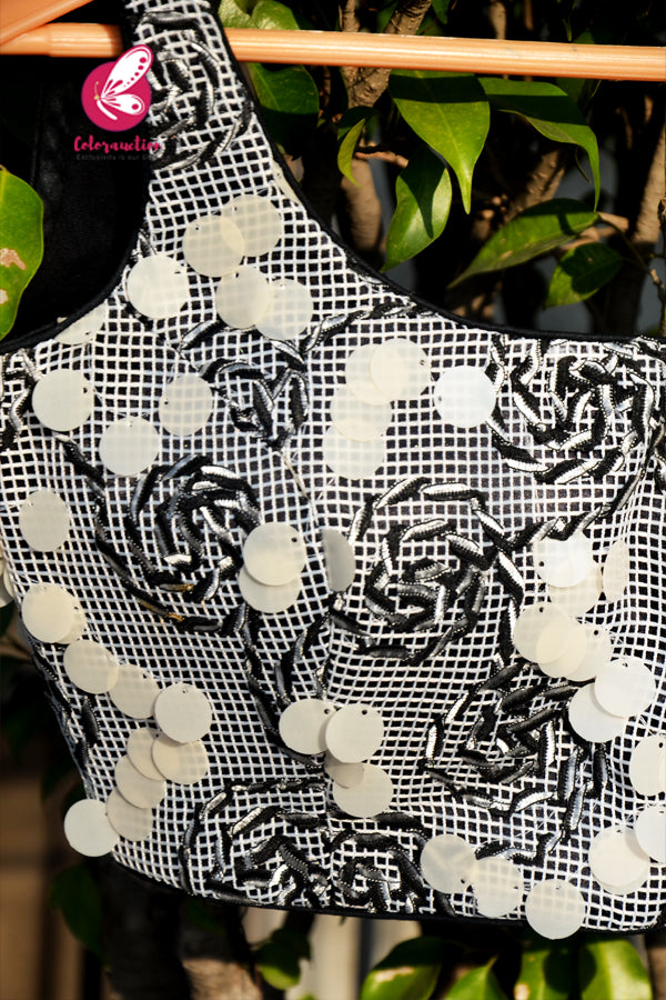 Black &amp; White Net Embroidered Padded Blouse