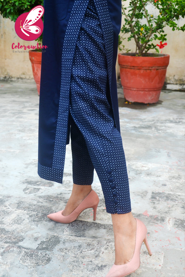 Navy Blue Cotton Silk Sleeveless Halter Neck Kurti With Navy Blue Printed Cotton Silk Pants Kurti Set-Black