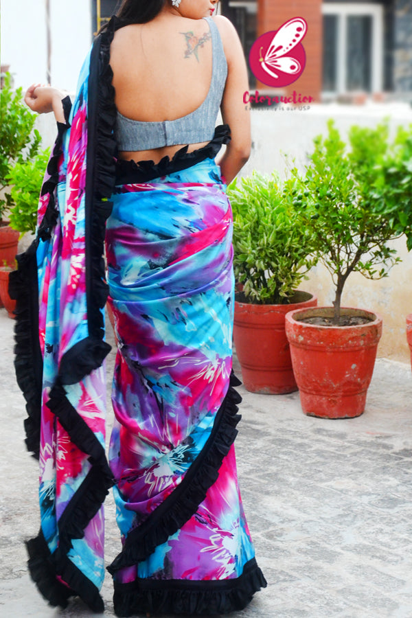 Muticoloured Satin Ruffle Black Satin Taping Saree