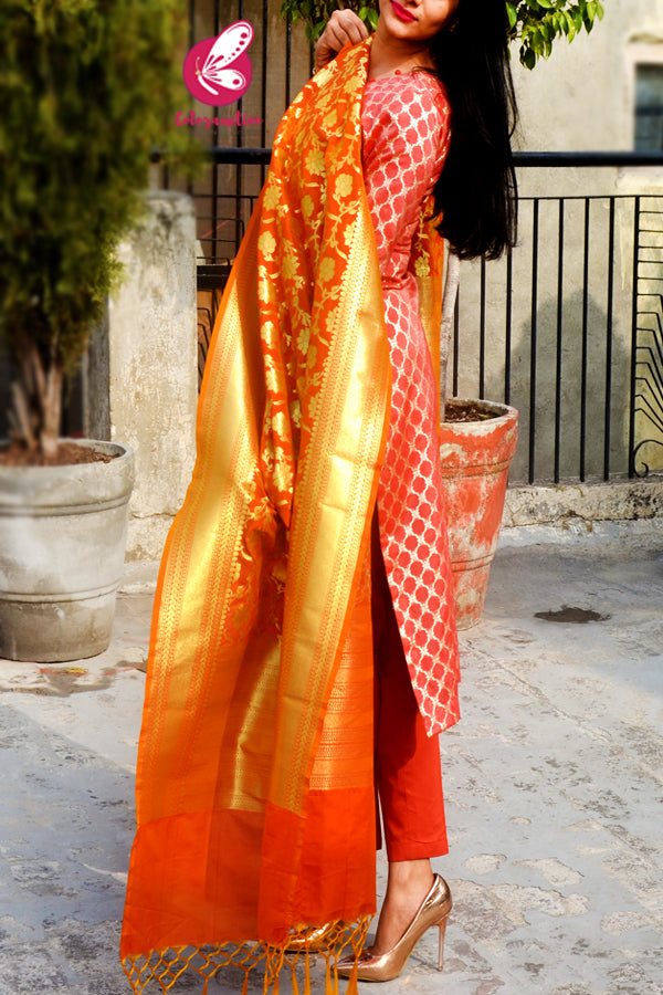 Rust Orange Golden Chanderi Kurti with Rust Silk Pants &amp; Banarasi Dupatta Kurti Set