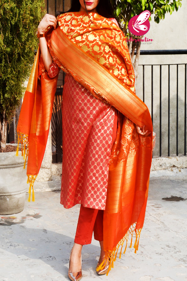 Rust Orange Golden Chanderi Kurti with Rust Silk Pants &amp; Banarasi Dupatta Kurti Set
