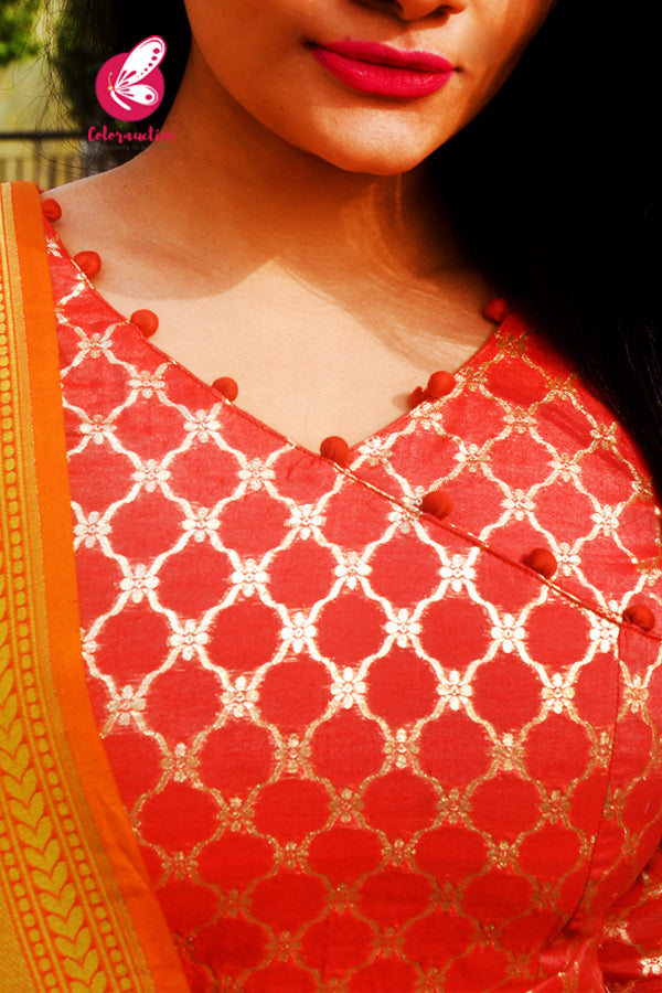 Rust Orange Golden Chanderi Kurti with Rust Silk Pants &amp; Banarasi Dupatta Kurti Set