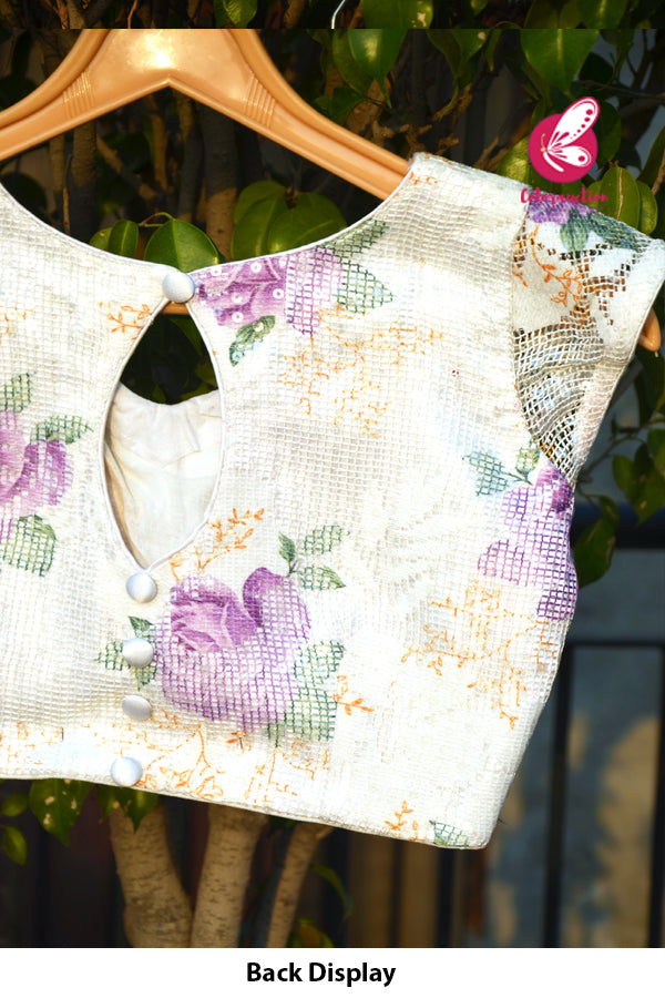 White Printed Floral Sequins Net Blouse