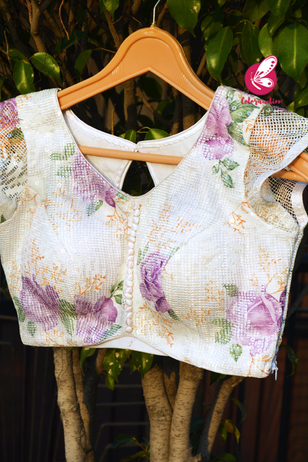 White Printed Floral Sequins Net Blouse