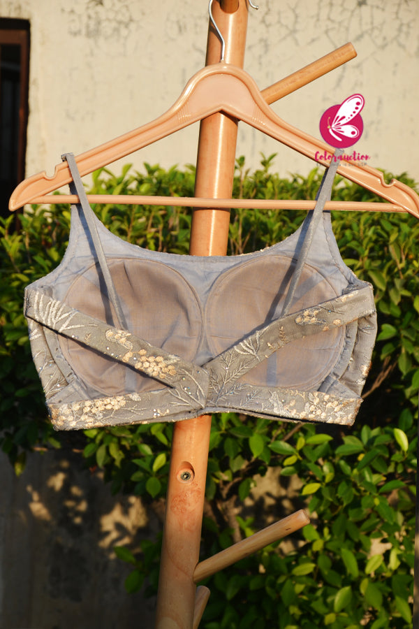 Grey Net Embroidered Padded Backless Blouse