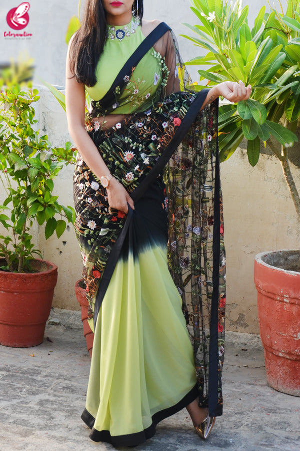 Lime Green &amp; Black Double Shaded Georgette Net Satin Taping Saree