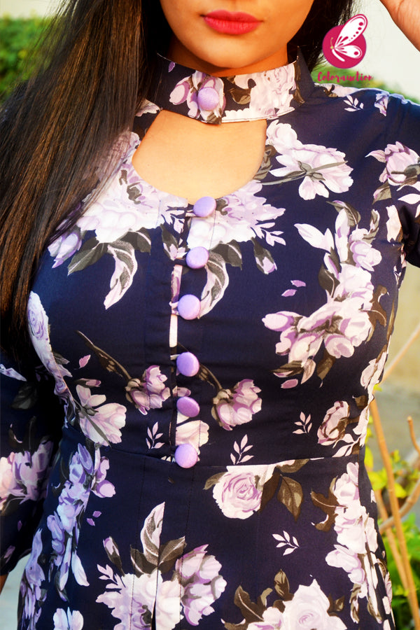 Blue Crepe Printed Floral Quarter Sleeves Front Slit Kurti
