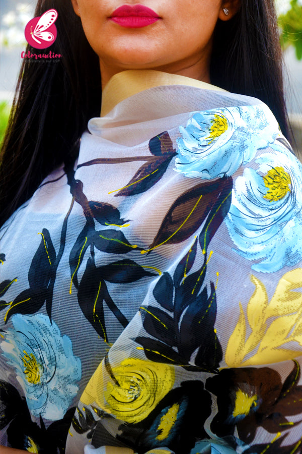 Off White Floral Pure Organza Handpainted Stole