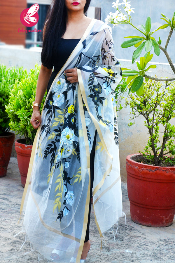 Off White Floral Pure Organza Handpainted Stole