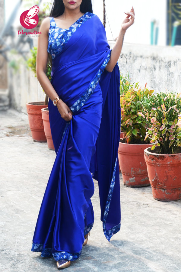 Blue Satin Floral Print Taping Saree