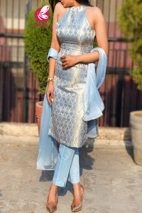 Ice Blue &amp; Golden Brocade Motifs Padded Kurti with Ice Blue Cotton Silk Pants and Ice Blue Lace Stole