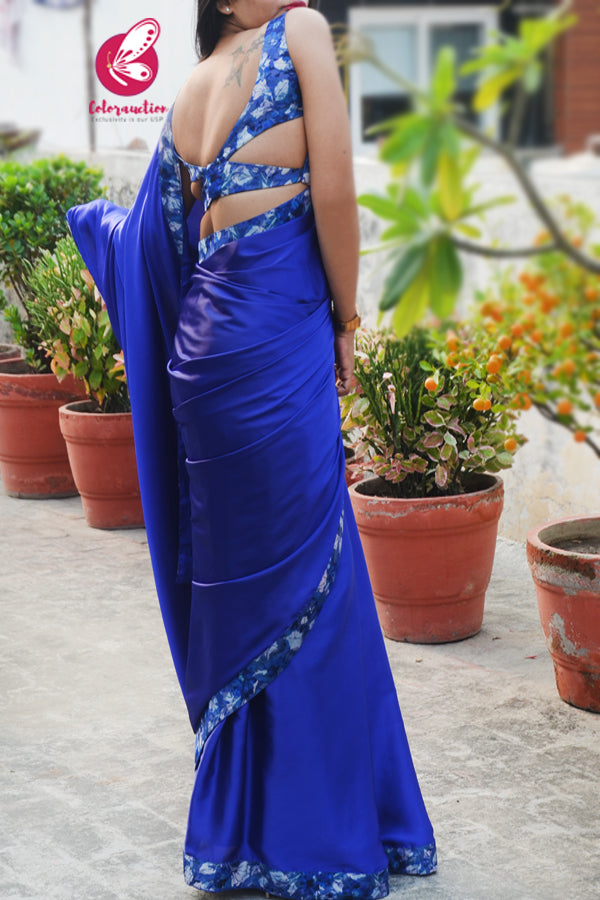 Blue Satin Floral Print Taping Saree