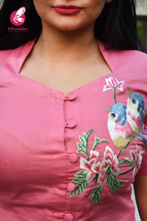 Peach Pink Cotton Silk Embroidered Floral Sleeves Kurti with Peach Pink Cotton Silk Pants Kurti Set
