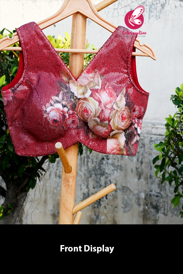 Carrot Red Floral Padded Sequins Blouse