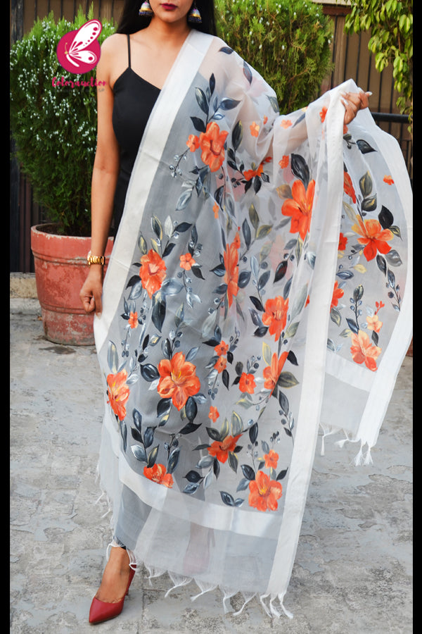 Off White Orange Red Floral Pure Organza Stole