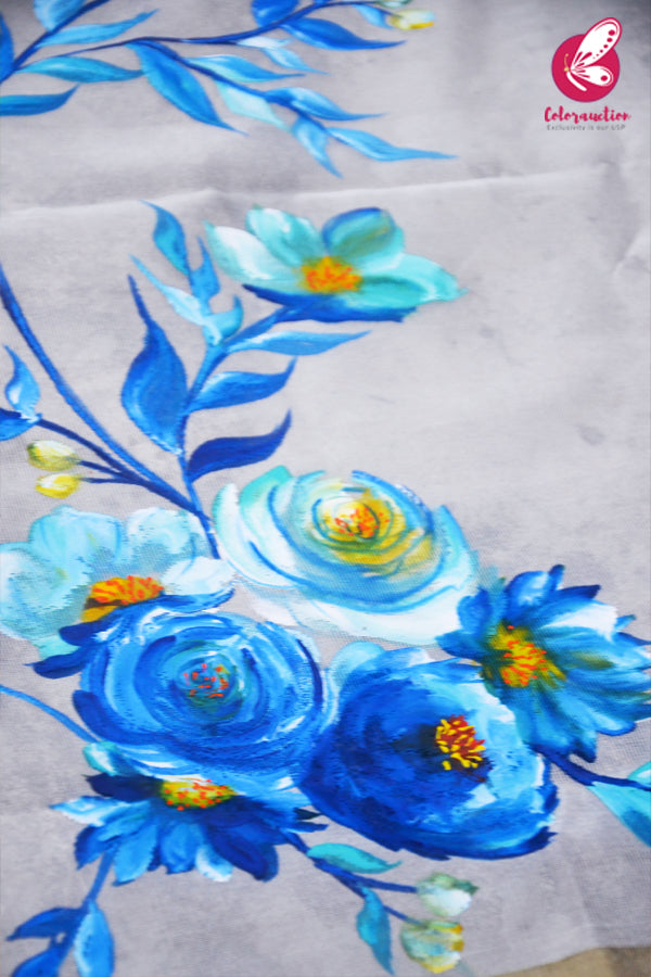 Off White Blue Roses Pure Organza Floral Handpainted Stole