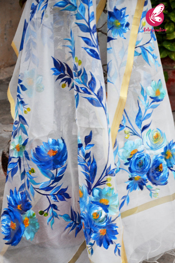Off White Blue Roses Pure Organza Floral Handpainted Stole